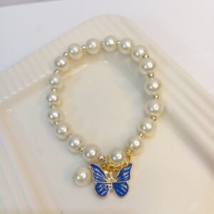 Pearl Bracelet ~ Metal Butterfly Blue Charm