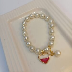 Pearl Bracelet ~ Metal Heart Red Charm