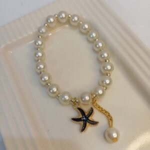 Pearl Bracelet ~ Metal Starfish Black Charm