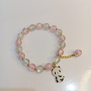 Pink and White Crystal Bracelet with Metal Cute Panda Charm