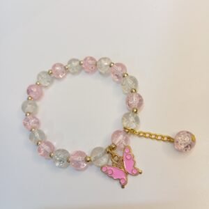 Pink and White Crystal Bracelet with Metal Pink Butterfly Charm