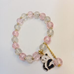 Pink and White Crystal Bracelet with Metal Cute Sitting Panda Charm