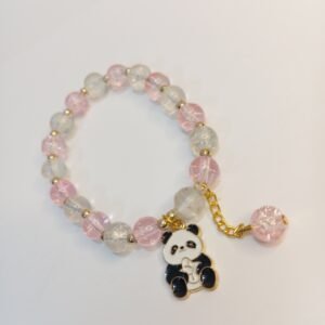 Pink and White Crystal Bracelet with Metal Cute Panda Charm