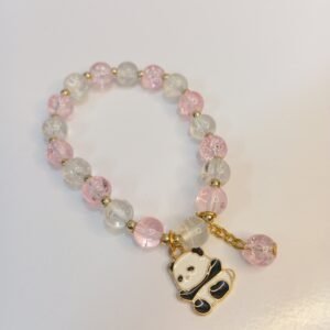 Pink and White Crystal Bracelet with Metal Cute Panda Charm