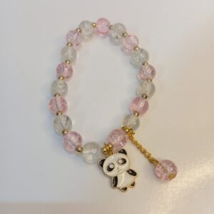 Pink and White Crystal Bracelet with Metal Cute Panda Charm