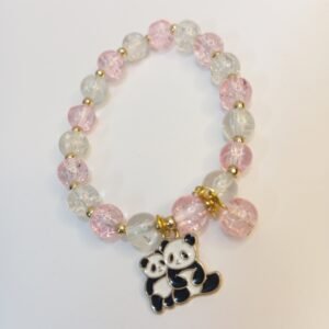 Pink and White Crystal Bracelet with Metal Cute Twin Panda Charm