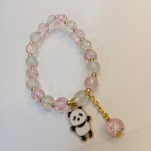 Pink and White Crystal Bracelet with Metal Cute Panda Charm