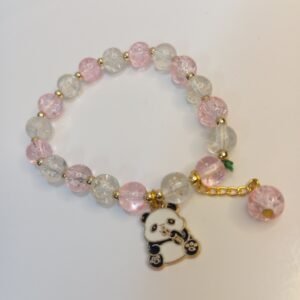 Pink and White Crystal Bracelet with Metal Cute Panda Charm
