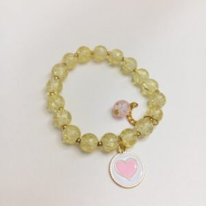 Crystal Yellow Bracelet with White Pink Heart Metal Charm