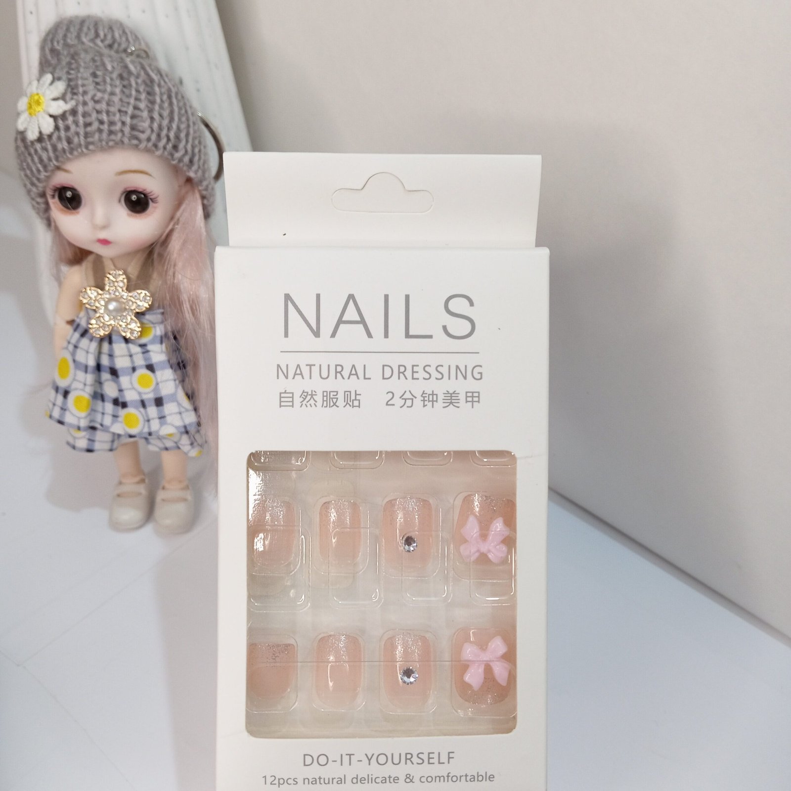 Reusabale Artificial Nails ~ Bow Press on Square Nails ~ Beige - Image 2