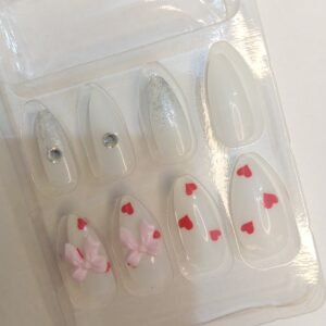 Reusabale Artificial Nails ~ French Bow Press ons ~ White and Red Hearts
