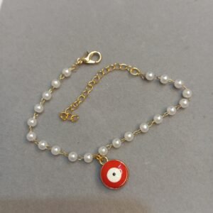 Pearl Dangling Evil Eye Link Bracelet ~ Red & White