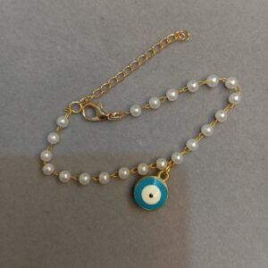 Pearl Dangling Evil Eye Link Bracelet ~ Sky Blue & White