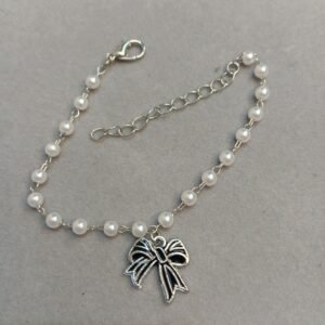 Pearl Dangling Silver Link Bracelet ~ Black Bow