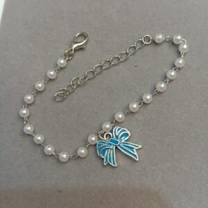 Pearl Dangling Silver Link Bracelet ~ Blue Bow