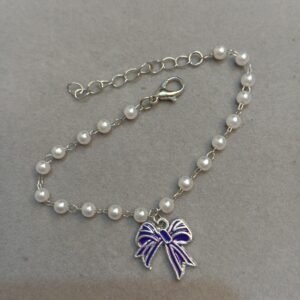 Pearl Dangling Silver Link Bracelet ~ Violet Bow