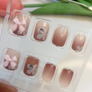 Reusabale Artificial Nails ~ Bow Press on Square Nails ~ Brown Ombre