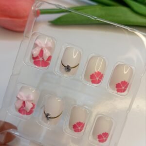 Reusabale Artificial Nails ~ Bow Press on Square Nails ~ White and Pink