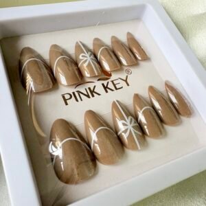 NUDE BROWN SHADE ~ 3 D ~ Press - on Nails ~ White Bow