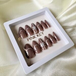 Nude Coffee Brown Coloured ~ 3 D ~ Press - on Nails ~ White Bow