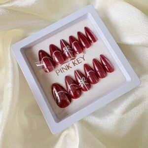 Cherry Red Coloured ~ Press - on Nails ~ White Bow