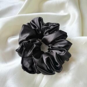 Jet Black Silk Satin Scrunchie ~ Premium elastic