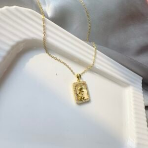 Gold Rose Medallion Necklace - Rectangular Crystal Frame Pendant ~ Anti Tarnish