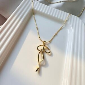 Gold Coquette Bow Pendant Necklace - Dainty Ribbon Charm on Satellite Snake Chain - Aesthetic Minimalist Jewelry Gift for Her
