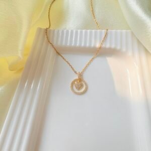 Double Ring Heart Pendant Gold Necklace ~ Anti Tarnish