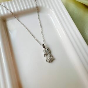 Sterling Silver Sitting Cat Necklace for Women - Pavé Crystal Animal Pendant on Thin Silver Chain