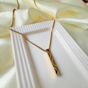 18K Gold Plated Vertical Bar Pendant - Etched Greek Key Design Necklace for Men and Women
