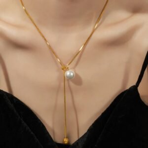 Dainty Gold Snake Chain Pearl Necklace - Large Single Floating Pearl Pendant for Women