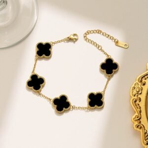 Lucky Four Leaf Clover Charm Bracelet ~ Black ~ Anti Tarnish