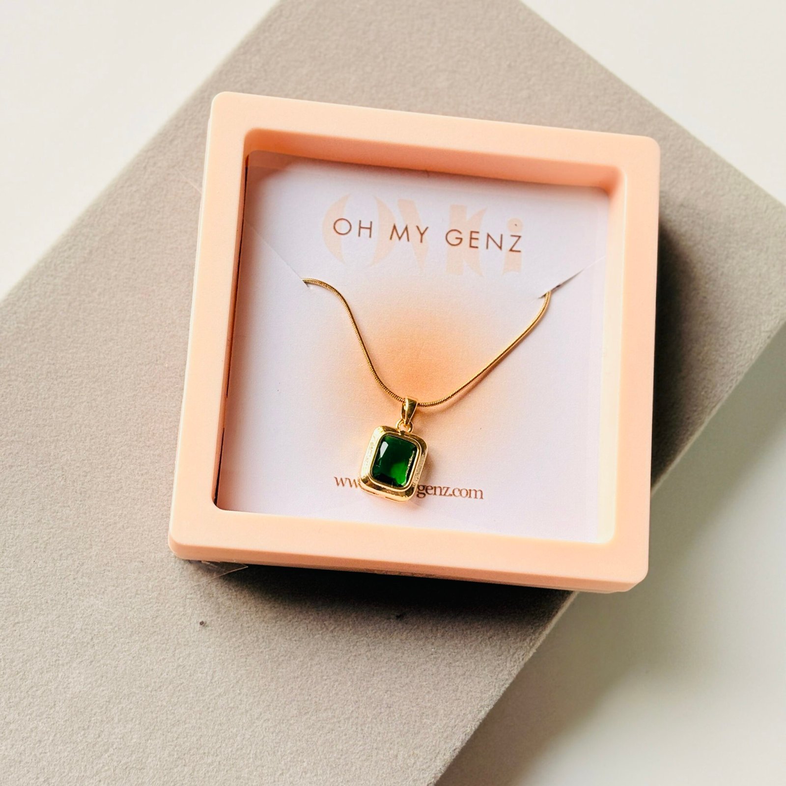 Emerald Green Rectangle Crystal Pendant Necklace - 18K Gold Plated Snake Chain - Vintage Style Emerald Cut Gemstone Jewelry for Women - Image 2