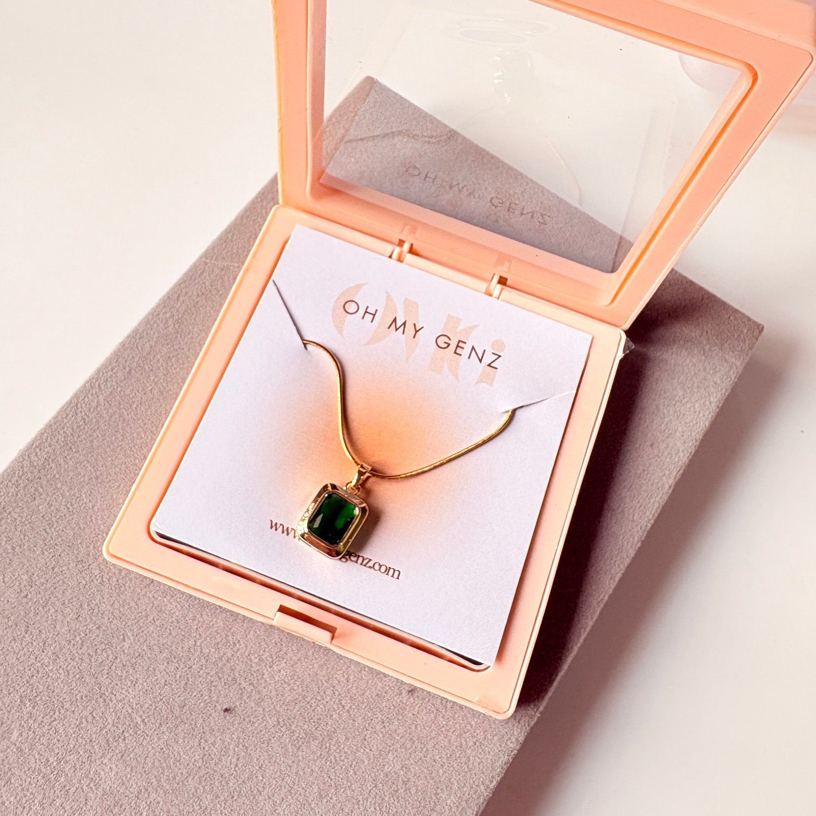 Emerald Green Rectangle Crystal Pendant Necklace - 18K Gold Plated Snake Chain - Vintage Style Emerald Cut Gemstone Jewelry for Women - Image 4