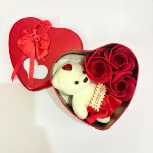 METAL RED I LOVE YOU BOX WITH ETERNAL ROSES AND TEDDY