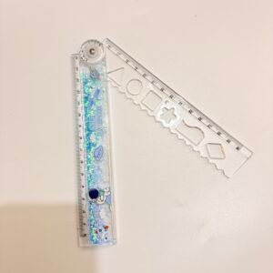 Extendable 30cm Glitter Liquid Ruler with Protractor & Shape Stencil – Life in Space Transparent Folding Scale for School & Office