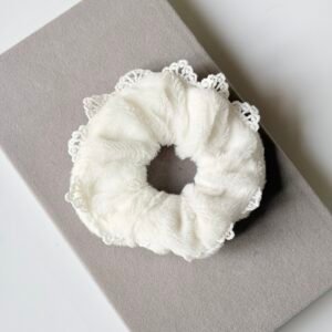 White Fluffy Faux Fur Lace Scrunchie – Bridal Shower & Everyday Elegance