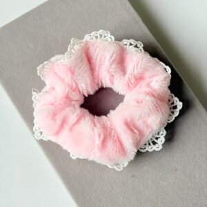White Fluffy Faux Fur Lace Scrunchie – Bridal Shower & Everyday Elegance