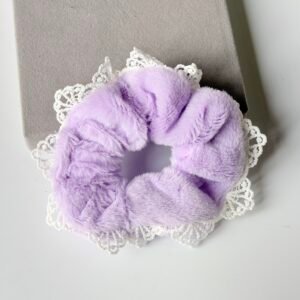 Lavender Plush Faux Fur Scrunchie with Scalloped Lace Edge – Soft Girl Aesthetic
