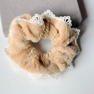 Vintage Cream Faux Fur Lace-Trimmed Scrunchie – Coquette Aesthetic Hair Accessory