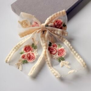Shabby Chic Rose Embroidery Mesh Bow – Victorian Style Lace Hair Ribbon