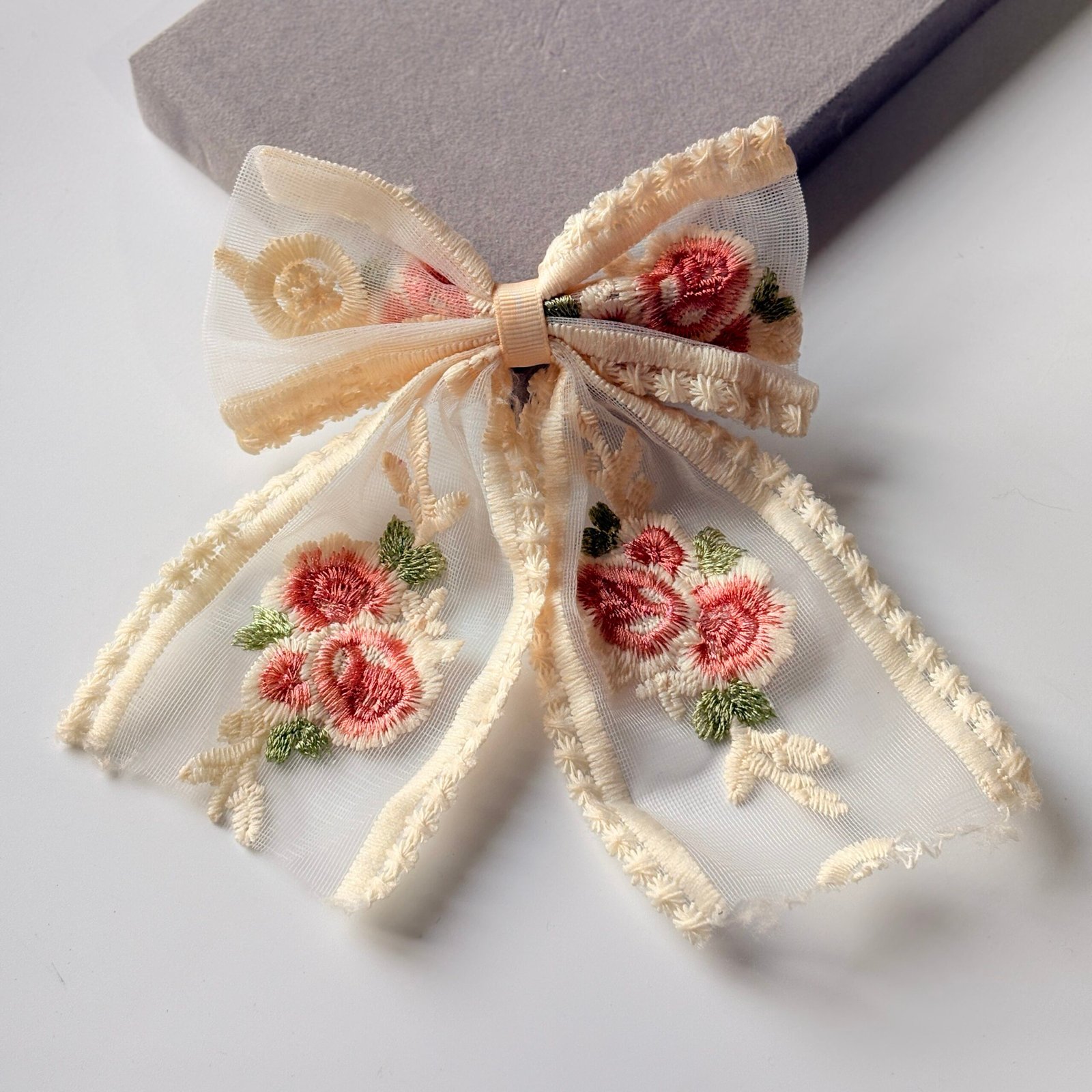 Shabby Chic Rose Embroidery Mesh Bow – Victorian Style Lace Hair Ribbon