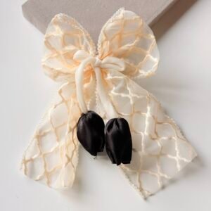 Embroidered Mesh Tulip Hair Bow – Romantic Cottagecore Ribbon with Floral Charms ~ Cream/Black