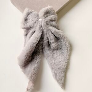 Soft Faux Fur Oversized Hair Bow –Aesthetic Fuzzy Statement Hair Clip ~ Silver Grey