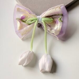 Embroidered Mesh Tulip Hair Bow – Romantic Cottagecore Ribbon with Floral Charms