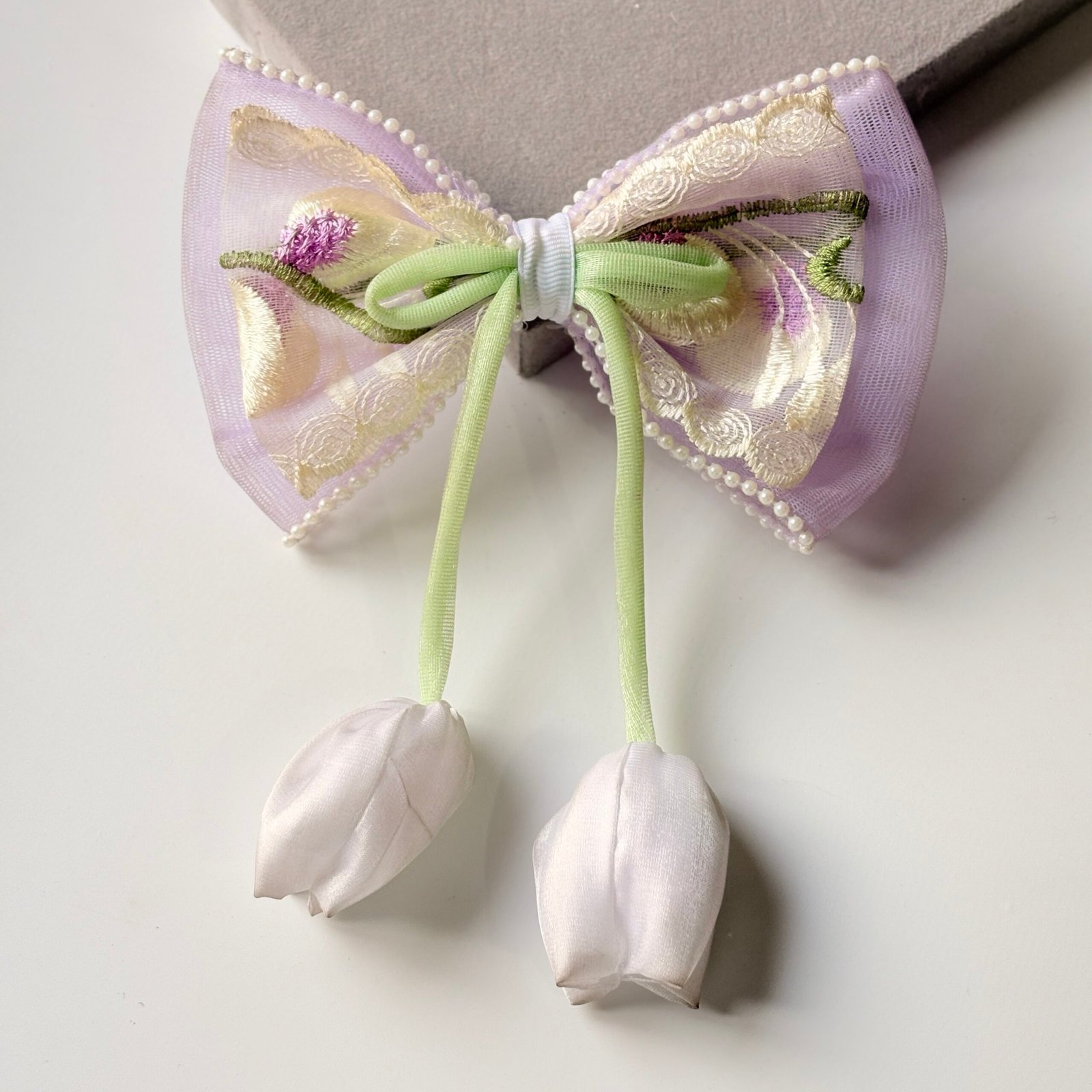 Embroidered Mesh Tulip Hair Bow – Romantic Cottagecore Ribbon with Floral Charms