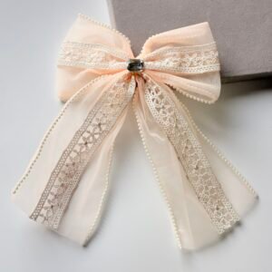 Vintage French Lace Hair Bow with Center Gemstone – Coquette Aesthetic Long Ribbon Clip