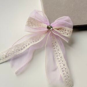 Vintage French Lace Hair Bow with Center Gemstone – Coquette Aesthetic Long Ribbon Clip ~ Lavender