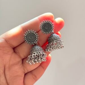 Surya-Kiran Sunburst Oxidized Jhumkas – Gifting Ready in 3D Floating Transparent Frame